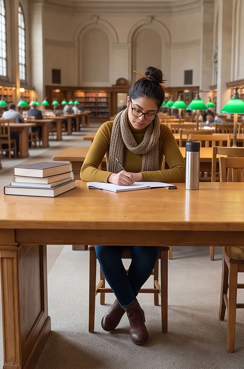On her own at a library table