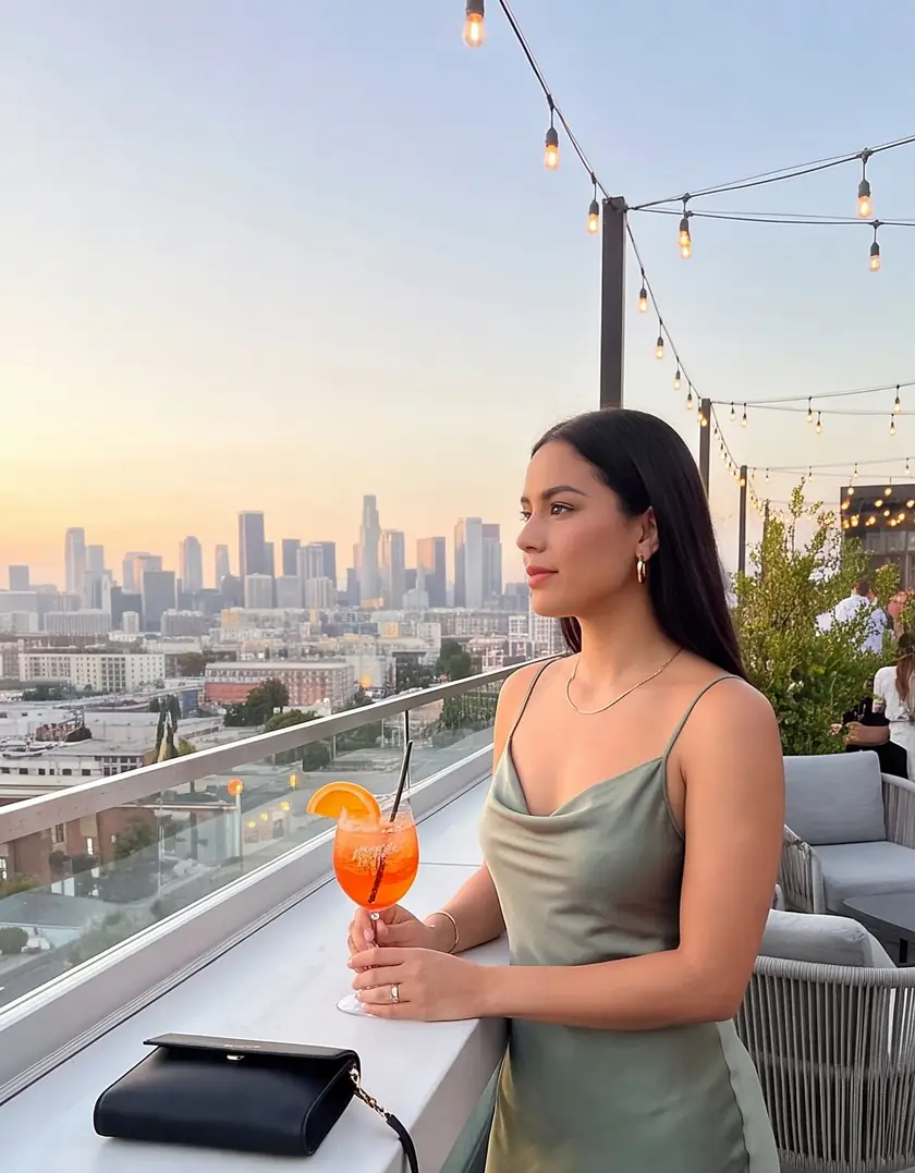 On her own at the rooftop rail